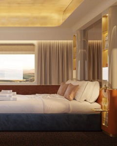 A softly lit bedroom with layered textiles and sculptural overhead details.
