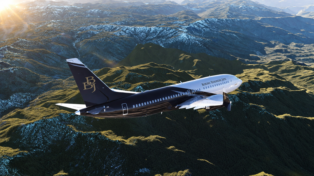 BBJ exterior visualisation above a mountain landscape.