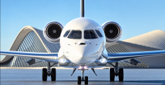 Front-on exterior visualisation of the twin-engine Falcon 10X.