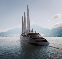 Orient Express Corinthian beneath its three tall sailing rigs.