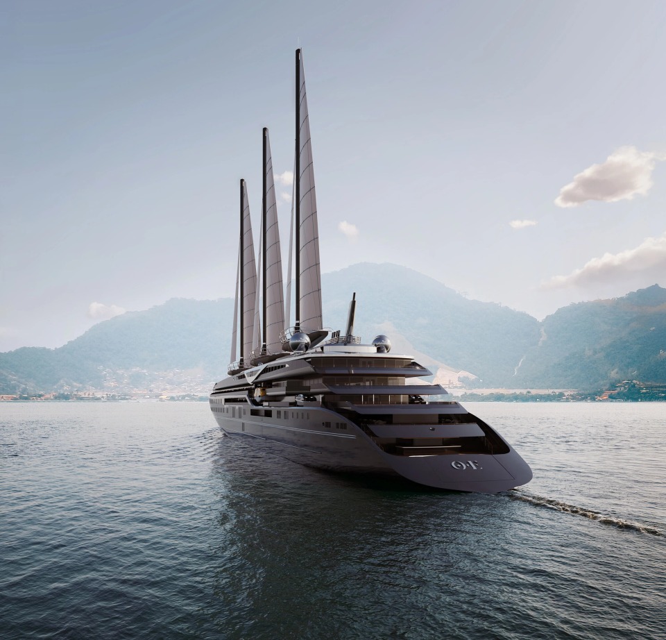 Orient Express Corinthian beneath its three tall sailing rigs.