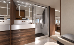 Bathroom visualisation with a vanity and enclosed shower.