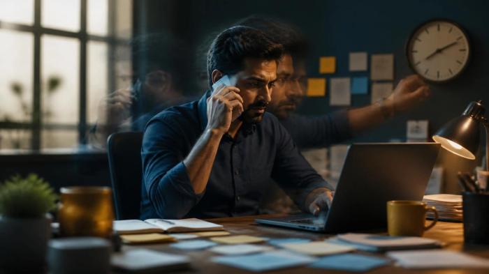 South Asian male sitting at a desk and mind in several places