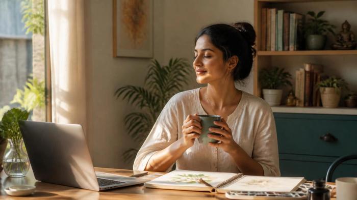 South Asian woman meditating and keeping balance
