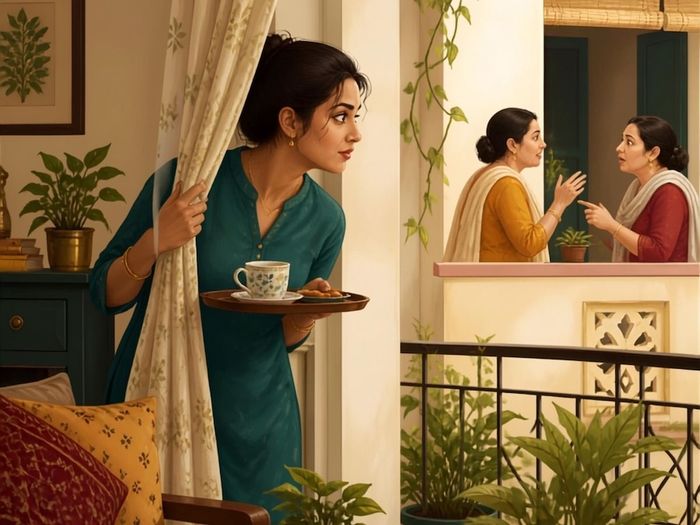 girl overhearing aunties talking about her