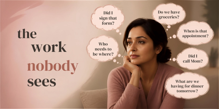 South Asian woman sitting with all her to dos in bubbles. 