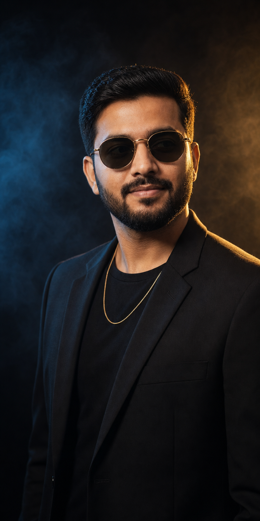 Luxury Studio Portrait: Black, Gold & Blue