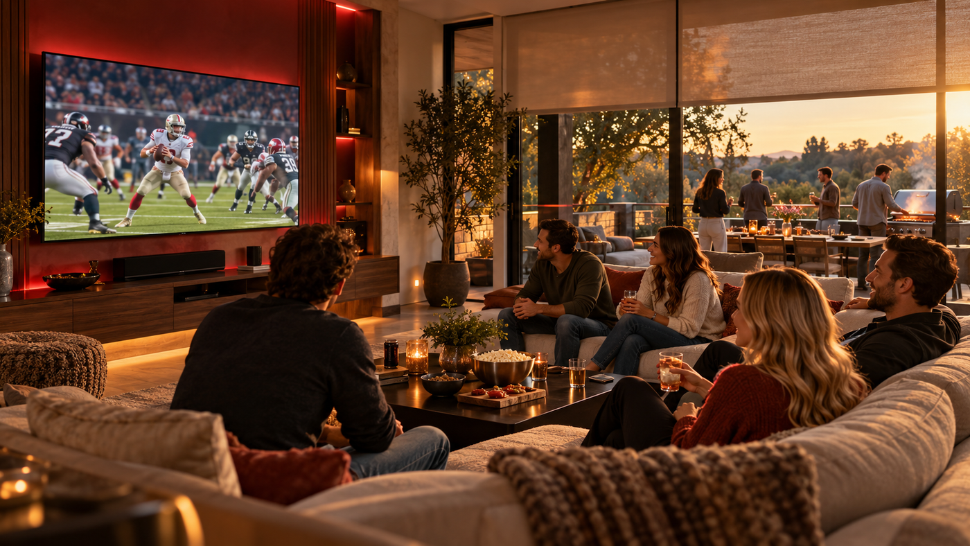 Friends enjoying football in a Josh.ai controlled smart home