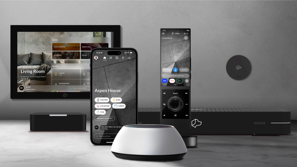 Josh.ai smart home ecosystem showcasing touchscreen panel, smartphone app, remote control, Josh Micro, Nano, and Core processor on a modern countertop.