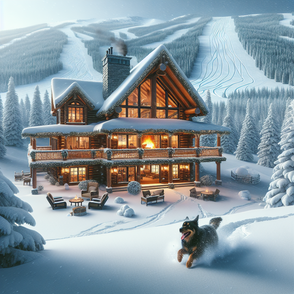 AI Generated Image from Josh showing a dog in front of a log cabin.