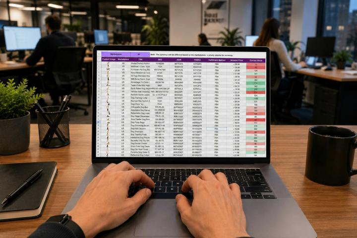 Hands typing on a laptop displaying a data spreadsheet.