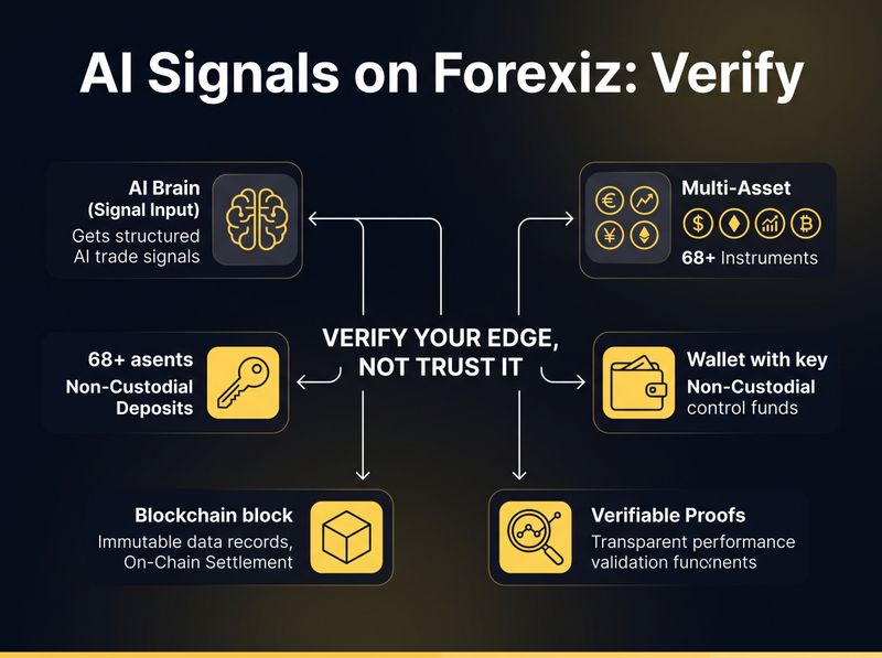 An infographic summarizing the key benefits for an AI trader on Forexiz. Use icons for: 1) AI Brain (Signal Input), 2) Multi-Asset icon (68+ Instruments), 3) Wallet with key (Non-Custodial Deposits), 4) Blockchain block (On-Chain Settlement), 5) Magnifying glass (Verifiable Proofs).