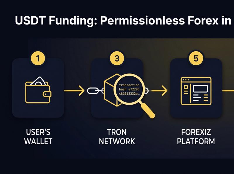 A diagram visualizing the on-chain verification process. It shows a user's wallet, an arrow pointing to a block on a chain labeled 'TRON Network', and another arrow pointing to the Forexiz platform UI. A magnifying glass hovers over the block, revealing a transaction hash.