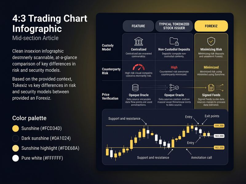 A clean, three-column comparison chart. Columns are 'Feature', 'Typical Tokenized Stock Issuer', and 'Forexiz'. Rows include 'Custody Model' (Centralized vs. Non-Custodial Deposits), 'Counterparty Risk' (High vs. Minimized), and 'Price Verification' (Opaque Oracle vs. Signed Feeds).