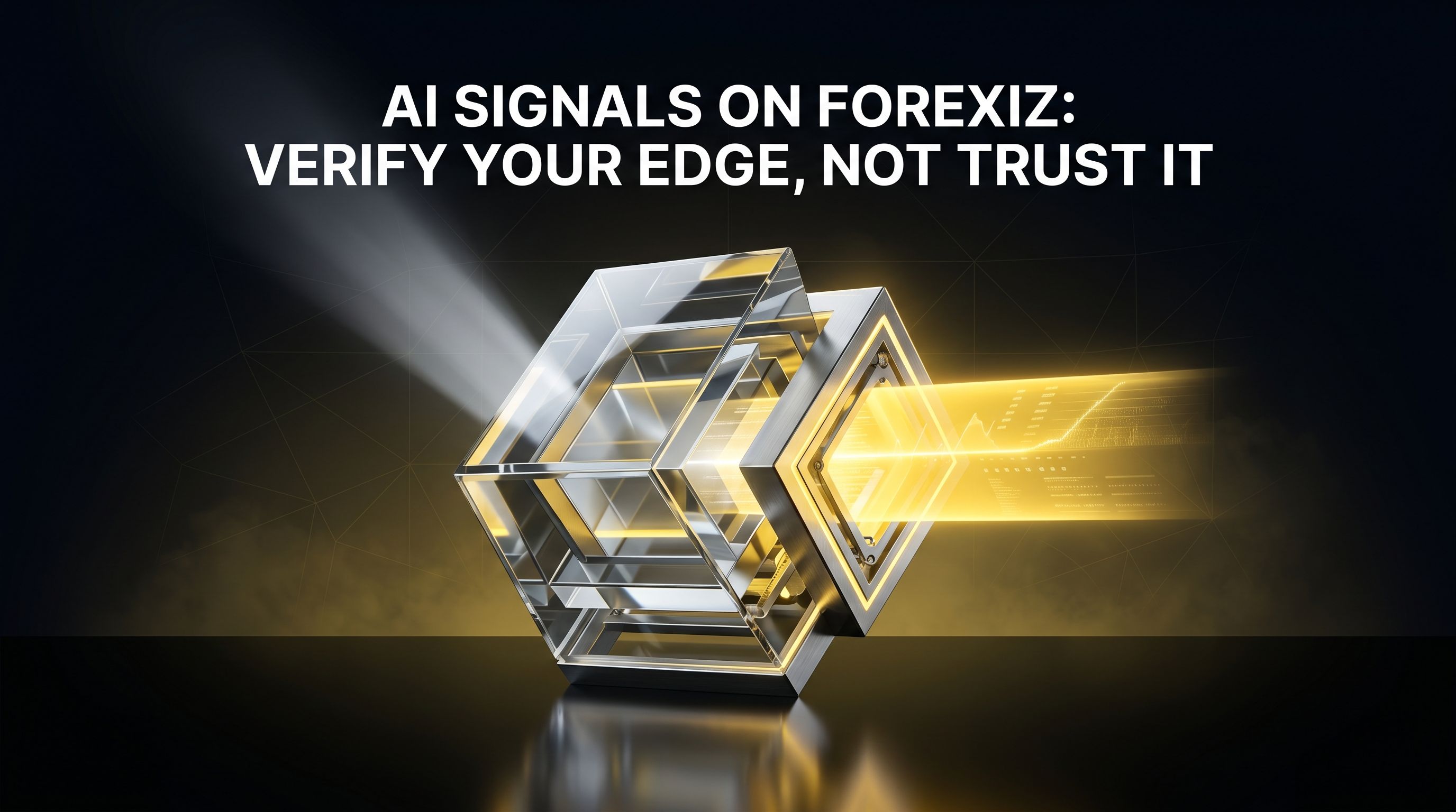 A sleek, dark-themed trading dashboard showing a XAU/USD chart. Superimposed is a glowing yellow neural network graphic, with lines connecting to the price chart, symbolizing an AI signal. The Forexiz logo and the text 'Verify Your Edge' are prominent.