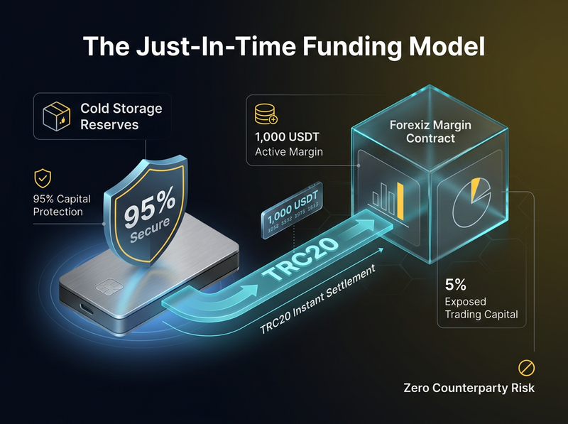 A clean, dark-mode infographic illustrating 'Just-In-Time Funding'. Shows a hardware wallet (cold storage) pushing a small, specific amount of USDT via TRC20 into a Forexiz margin contract, while the bulk of funds remains secure.