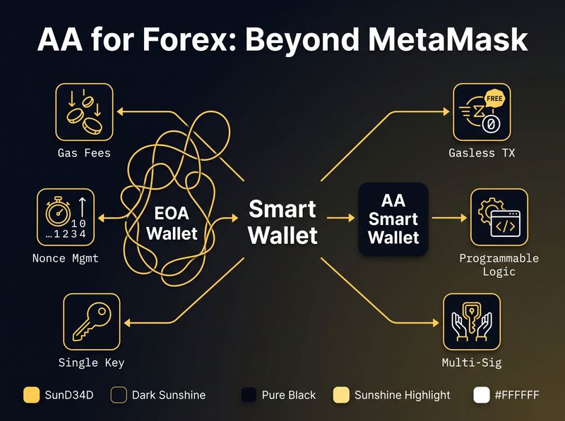 A conceptual diagram contrasting two paths. On the left, a complex, tangled line labeled 'EOA Wallet' with icons for 'Gas Fees', 'Nonce Mgmt', 'Single Key'. On the right, a clean, straight path labeled 'AA Smart Wallet' with icons for 'Gasless TX', 'Programmable Logic', 'Multi-Sig'.