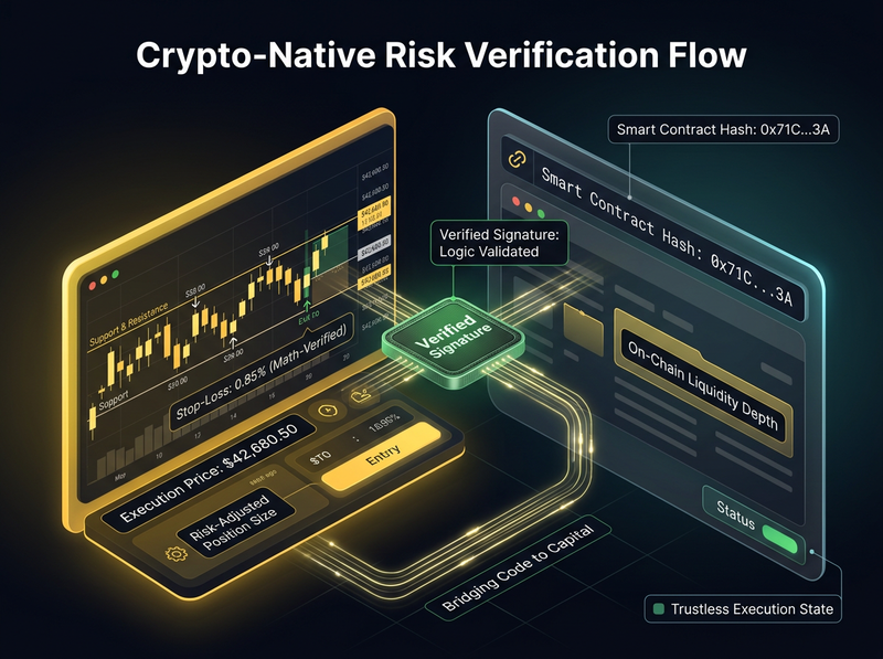 A sleek, yellow-accented UI mockup of a block explorer intersecting with a trading terminal. Text highlights a specific verifiable contract address and a 'Verify Signature' green checkmark.