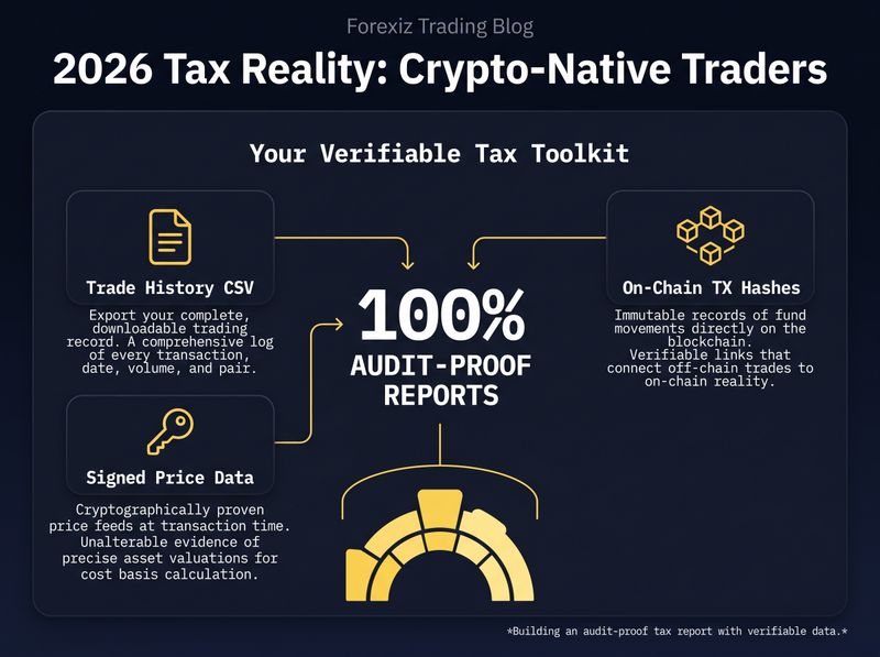 An infographic titled 'Your Verifiable Tax Toolkit'. It features three main icons: a document icon for 'Trade History CSV', a cryptographic key icon for 'Signed Price Data', and a blockchain block icon for 'On-Chain TX Hashes'. Text below each explains its role in building an audit-proof tax report.
