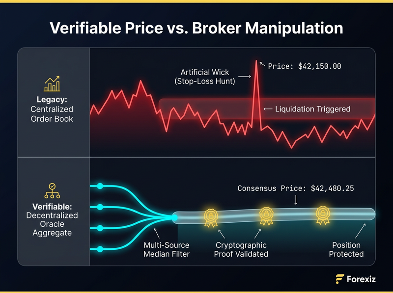 A comparison diagram. Top path: 'Legacy B-Book Broker' showing a manipulated price wick hitting a stop-loss. Bottom path: 'Forexiz Verifiable Execution' showing multiple decentralized oracle feeds combining into a cryptographically signed, smooth price line.
