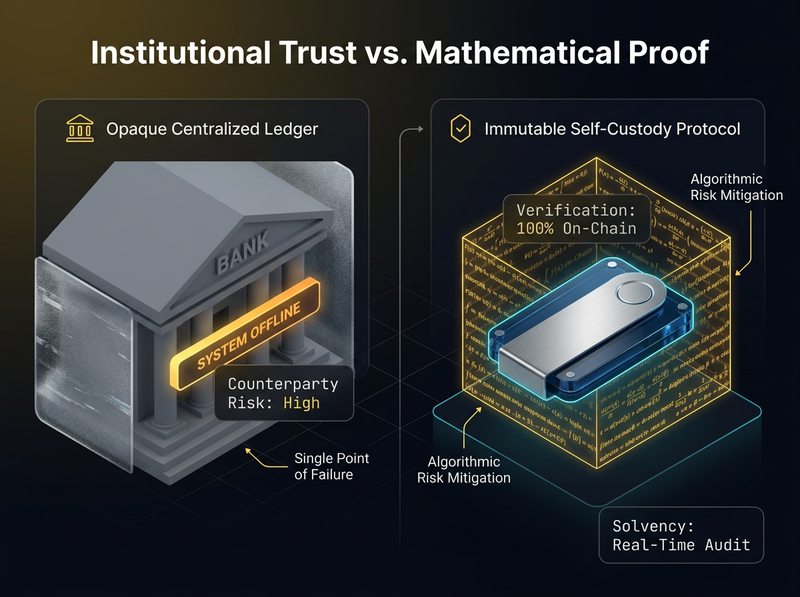 A conceptual illustration showing a scale. On one side, a traditional bank building with a 'frozen' or 'maintenance' sign; on the other, a glowing mathematical formula and a hardware wallet.