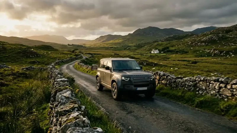 A premium automatic SUV exploring a quiet, scenic country lane on a curated luxury Ireland package.