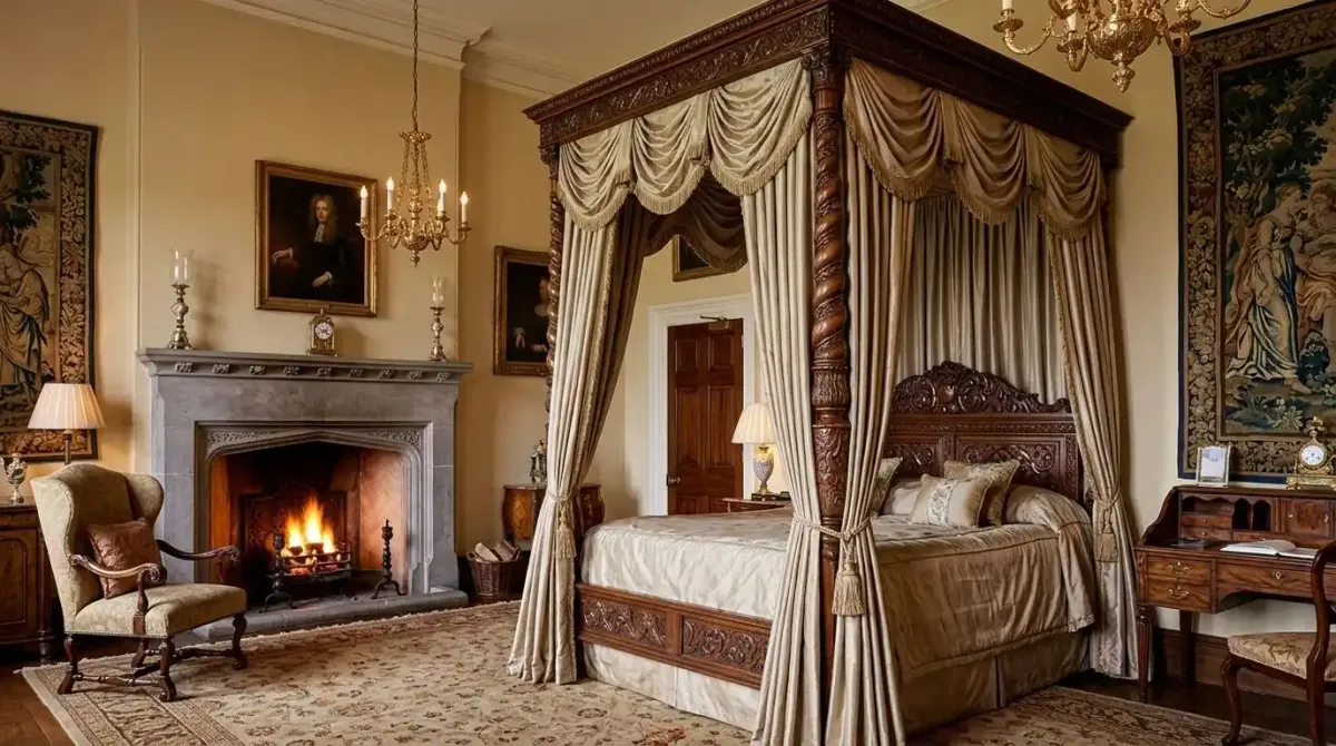 A luxury stateroom suite at Ashford Castle featuring a four-poster bed and fireplace.