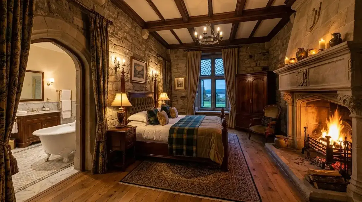 A magnificent private suite and roaring fireplace inside a five-star Irish castle estate after a day of hiking.