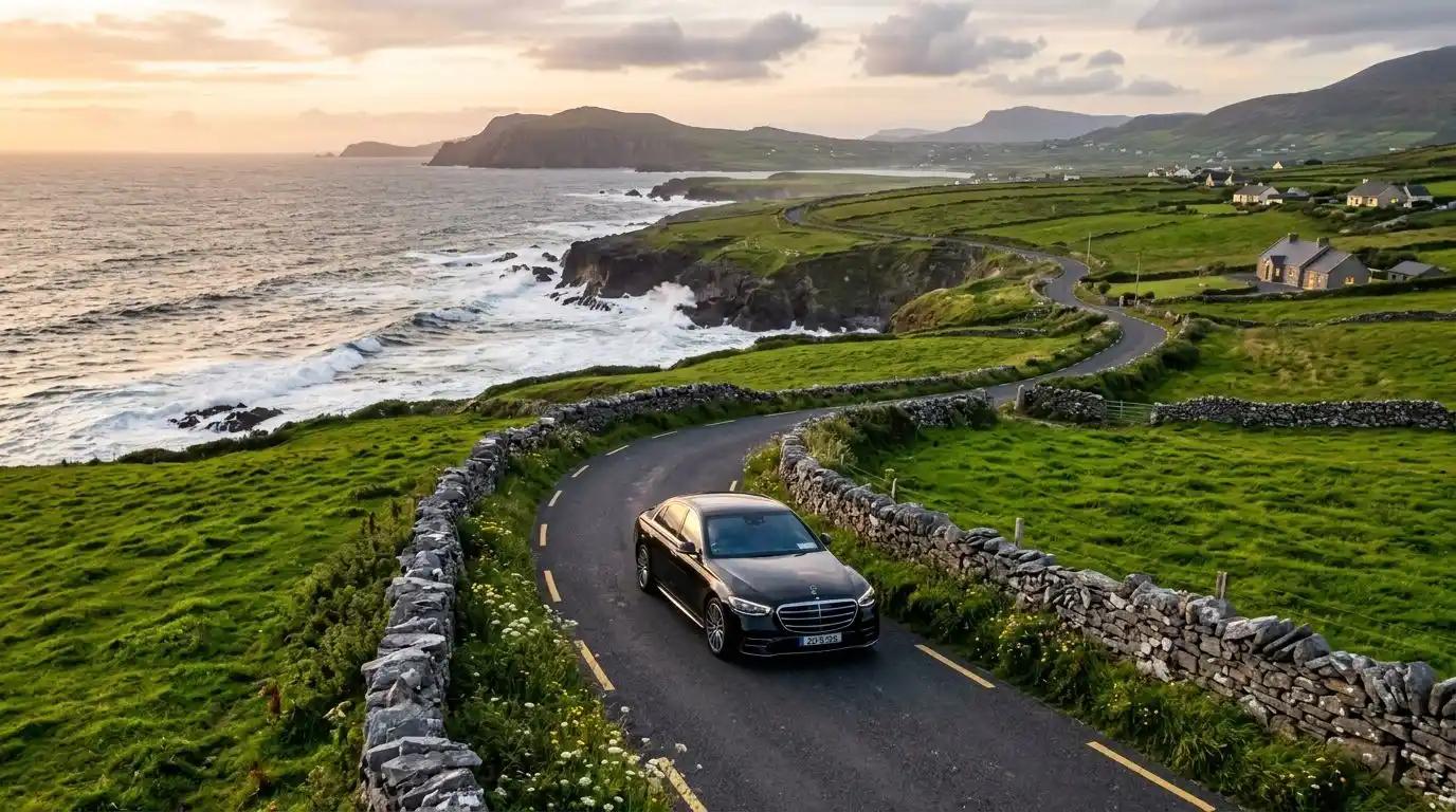 A luxury chauffeur-driven car navigating a scenic coastal road in Ireland.