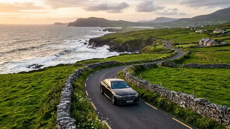 A luxury chauffeur-driven car navigating a scenic coastal road in Ireland.