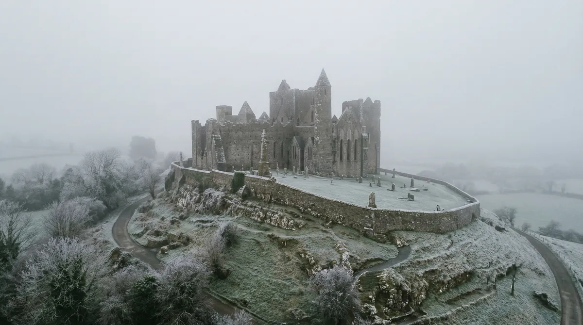 Rock of Cashel on a quiet, misty winter morning without crowds