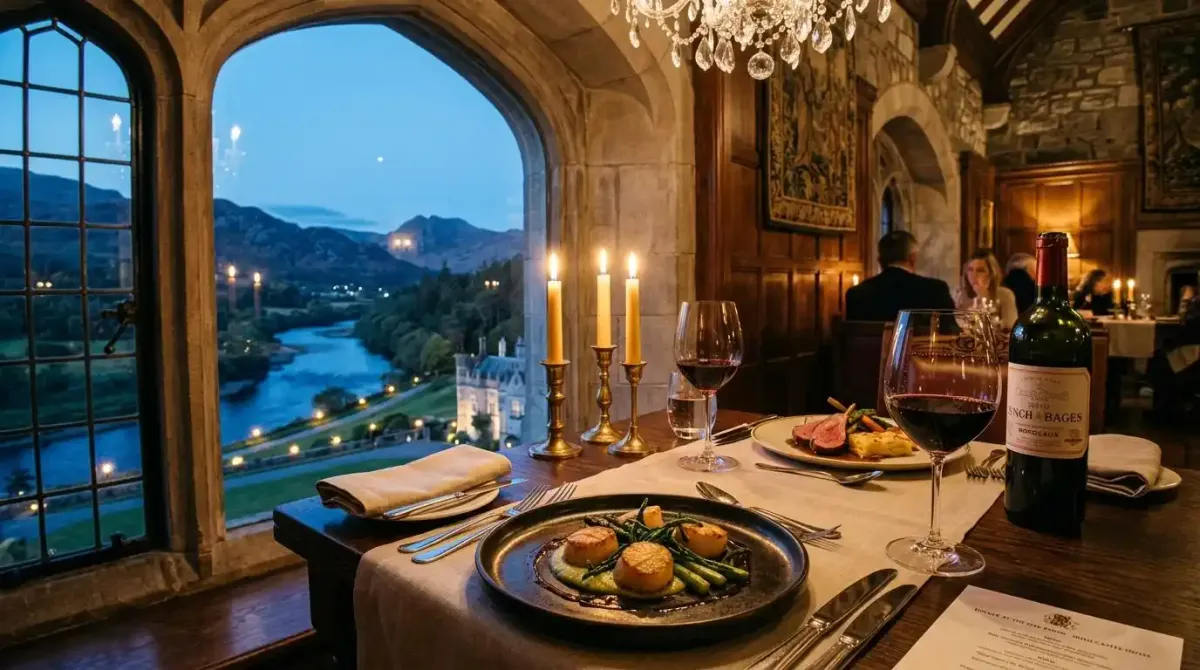 An exquisite fine dining tasting menu served inside a luxury castle estate after a day of hiking.