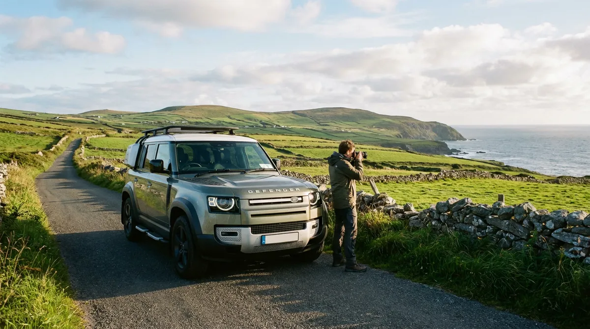 Modern commercial SUV parked on a scenic country road in County Clare, Ireland