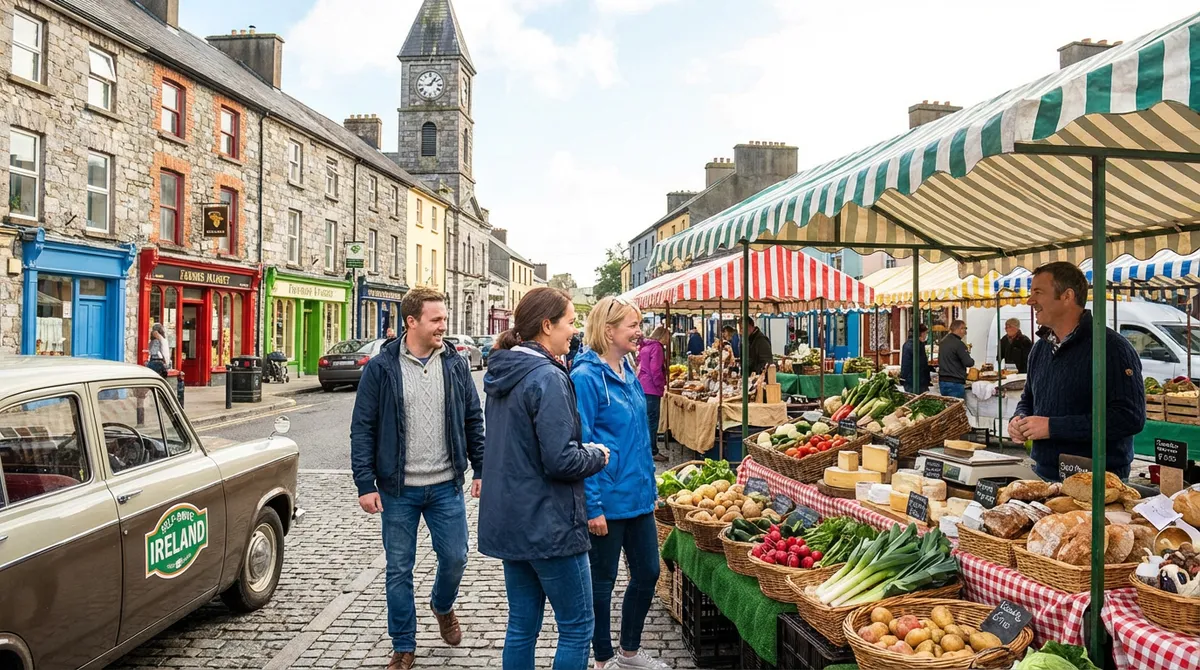 Vibrant farmers' market in a charming Irish town, showcasing local culture and produce