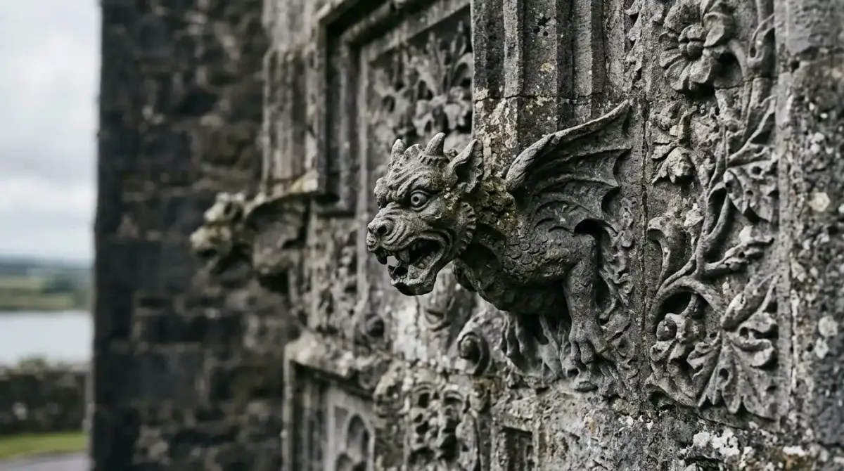 Intricate neo-Gothic stone carvings on the facade of Adare Manor.