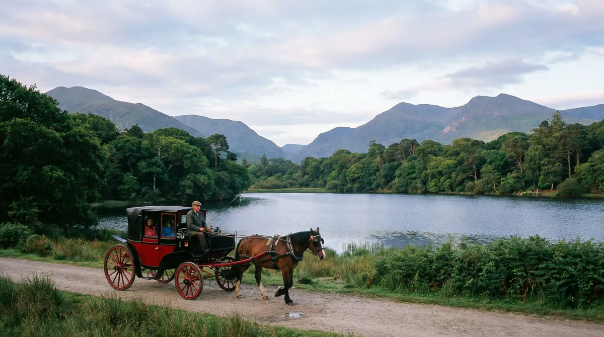 A traditional jaunting car in Killarney National Park, with a serene lake, woodlands, and mountains in the background.