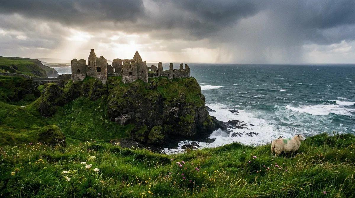 Dunluce Castle ruins on a cliff edge overlooking the sea