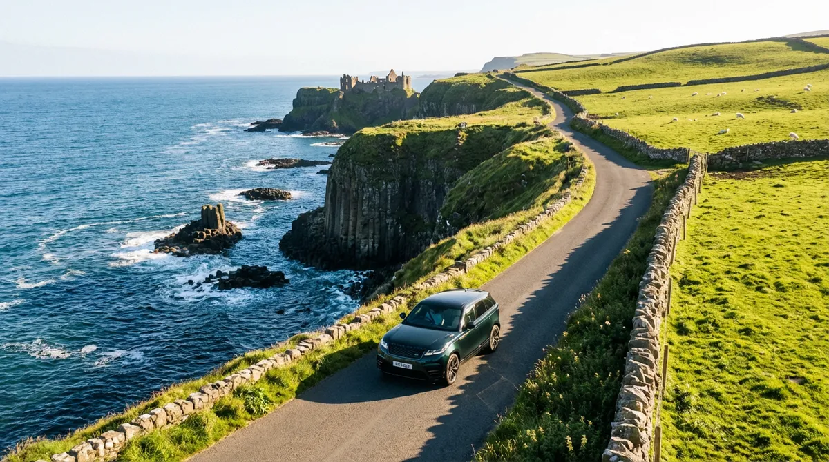 Modern SUV driving along the scenic Causeway Coastal Route with cliffs and ocean.