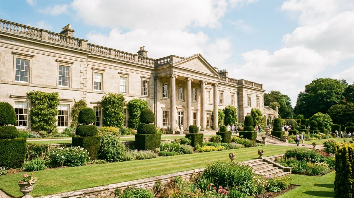 Grand facade of Mount Stewart House with manicured gardens