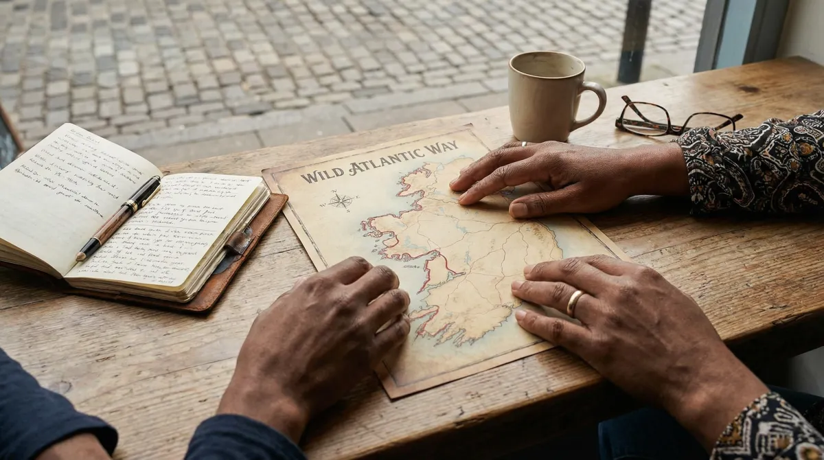 Hands tracing a route on a detailed map of Ireland's Wild Atlantic Way, symbolizing travel planning.