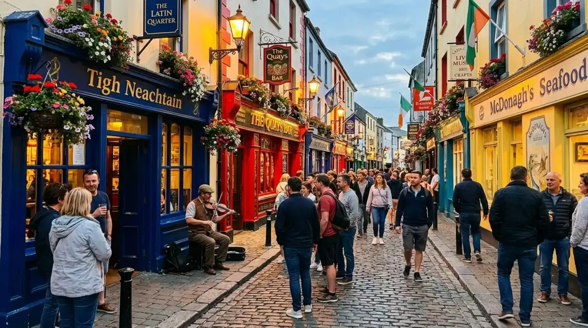 The vibrant streets and shops of Galway City's Latin Quarter.