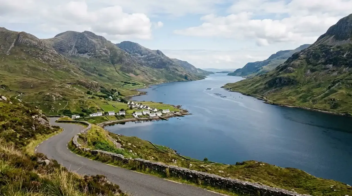The deep waters of Killary Harbour, Ireland's only fjord, seen from the coastal road.