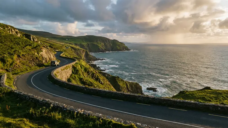 Dramatic coastal road along the Wild Atlantic Way in Ireland with a modern commercial SUV in the distance
