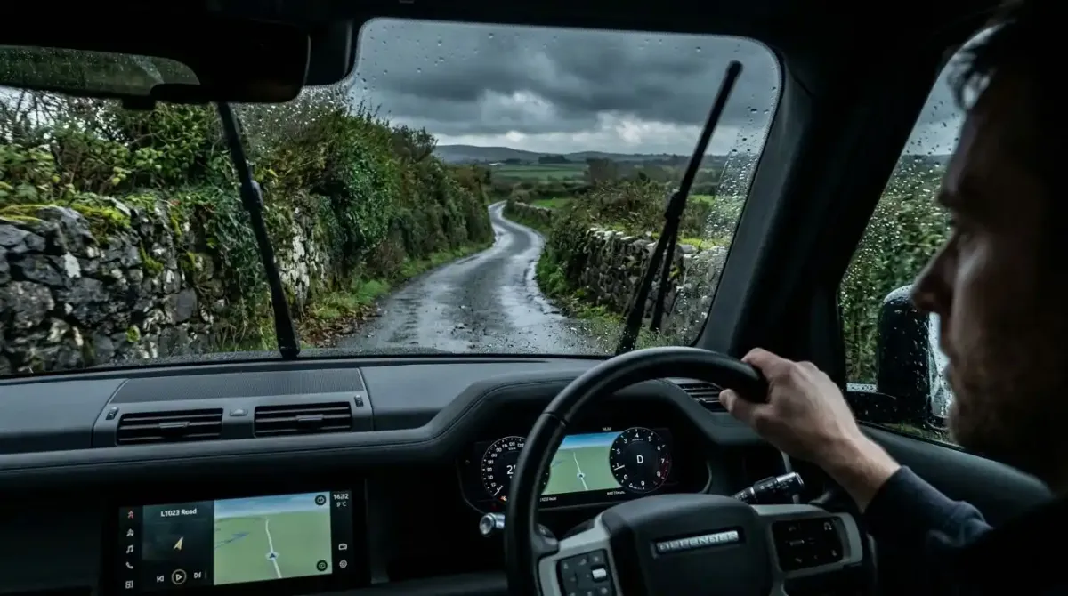 A narrow, stone-wall lined rural boreen road illustrating the challenges of self-driving in remote Ireland.