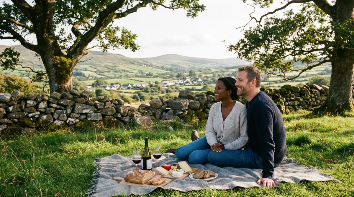 Couple enjoying a picnic overlooking a serene Irish landscape