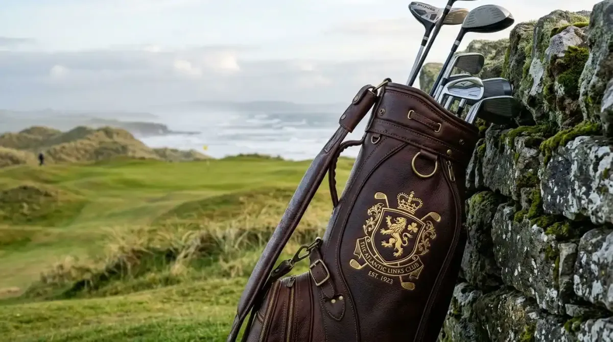 A luxury custom leather golf bag resting against a historic stone wall on an exclusive Irish links course.
