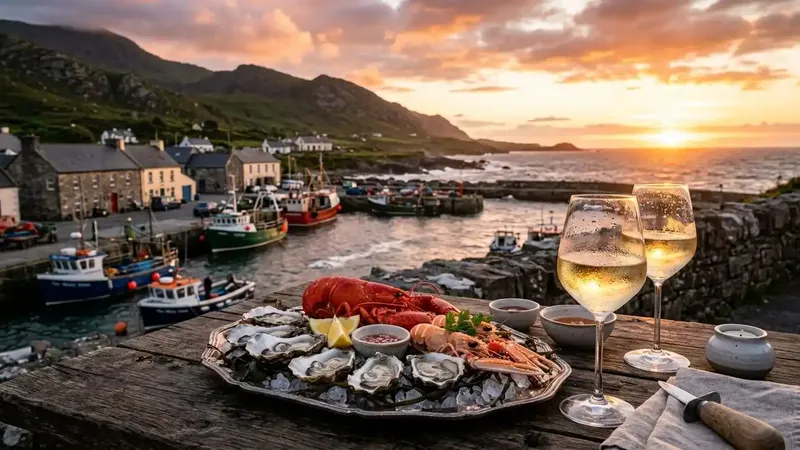 A luxury seafood platter served overlooking the Atlantic Ocean on the Wild Atlantic Way.
