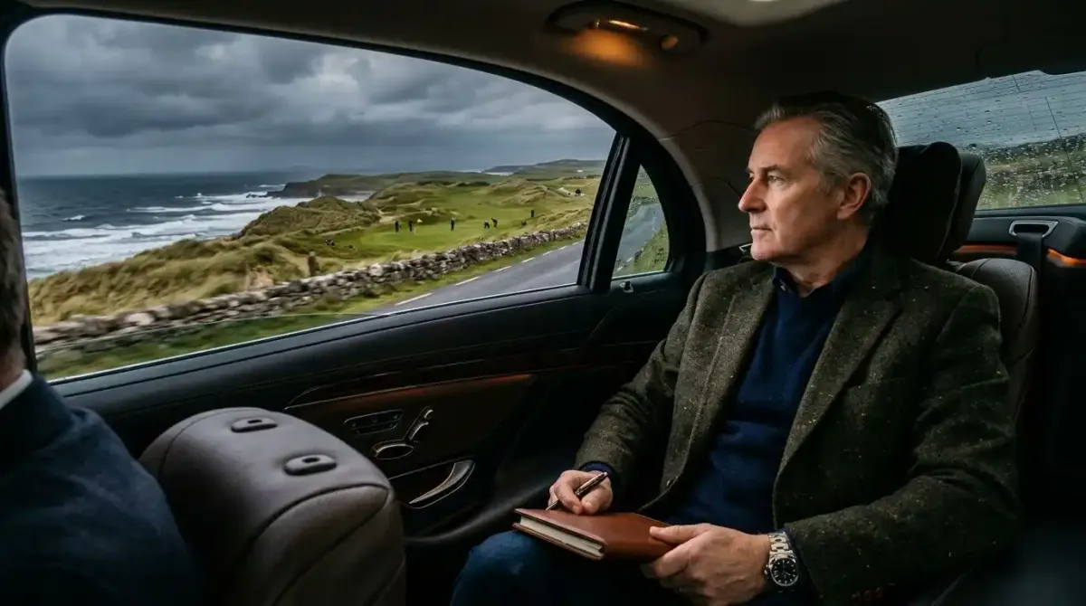 Affluent travelers enjoying a premium private chauffeur tour along the coast on one of their luxury golf trips to ireland.