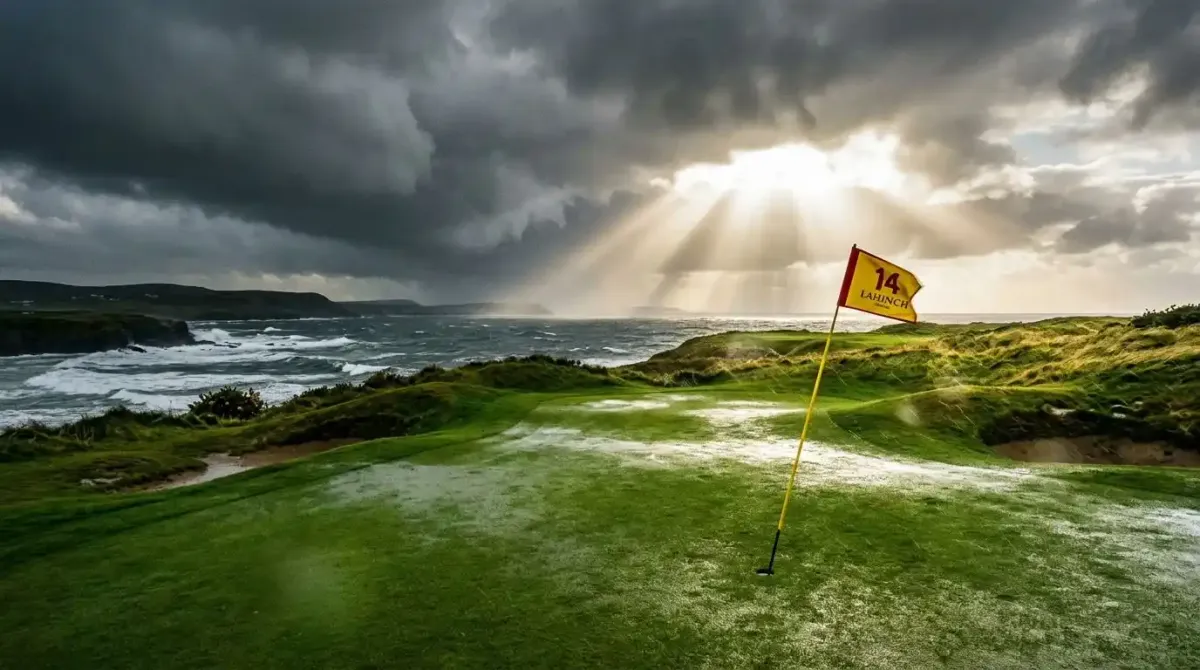 Sunbeams breaking through dark storm clouds over a rain-slicked green on an Irish championship golf course.