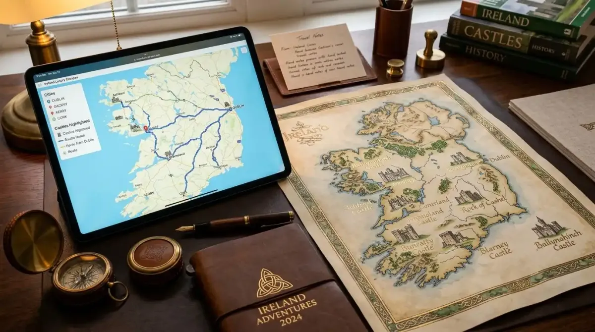 Planning a luxury castle tour itinerary in Ireland with professional maps.